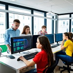 **A group of young Moldovan software developers collaborating in a modern, brightly lit office. Desktops are showing lines of code. The atmosphere is energetic and innovative, symbolizing the growth of the IT sector in Moldova.**