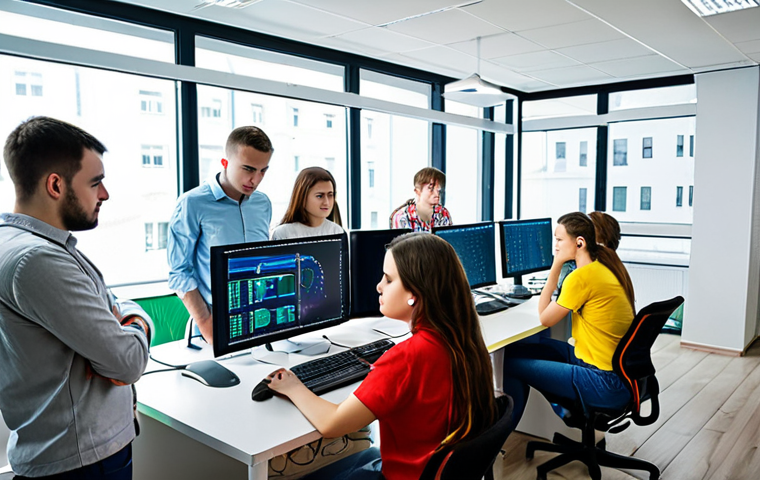 **A group of young Moldovan software developers collaborating in a modern, brightly lit office. Desktops are showing lines of code. The atmosphere is energetic and innovative, symbolizing the growth of the IT sector in Moldova.**