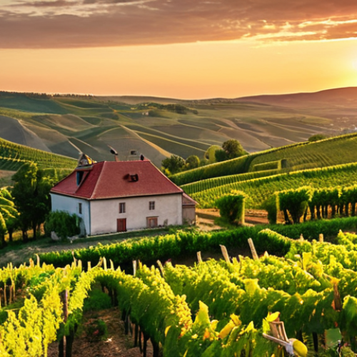 Home 18 **A scenic view of a Moldovan vineyard at sunset.** Rolling green hills covered in rows of grapevines stretch into the distance. Soft, warm light illuminates the landscape, highlighting the tranquility and beauty of the countryside. In the background, a traditional Moldovan house can be seen.