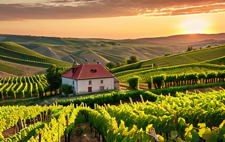 **A scenic view of a Moldovan vineyard at sunset.** Rolling green hills covered in rows of grapevines stretch into the distance. Soft, warm light illuminates the landscape, highlighting the tranquility and beauty of the countryside. In the background, a traditional Moldovan house can be seen.