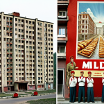 **

"A split image depicting Soviet Moldova. One side shows neat rows of apartment buildings and smiling workers, the other side shows long lines for bread and a dimly lit room with communist propaganda posters."

**