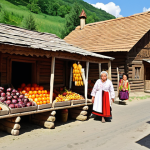 **Image Prompt:** A vibrant market scene in a Moldovan village, Palanca. Focus on the traditional wooden houses with intricate carvings, local vendors selling handicrafts and fresh produce, and villagers in traditional clothing. Capture the lively atmosphere and rich cultural heritage.