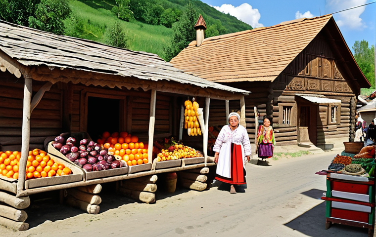 **Image Prompt:** A vibrant market scene in a Moldovan village, Palanca. Focus on the traditional wooden houses with intricate carvings, local vendors selling handicrafts and fresh produce, and villagers in traditional clothing. Capture the lively atmosphere and rich cultural heritage.