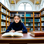 **

"A student, fully clothed in modest attire, studying at a library in Chisinau, Moldova. Books and academic materials are scattered around the table. The library has a classic European architecture with high ceilings and arched windows. Safe for work, appropriate content, perfect anatomy, natural proportions, professional photography, high quality."

**