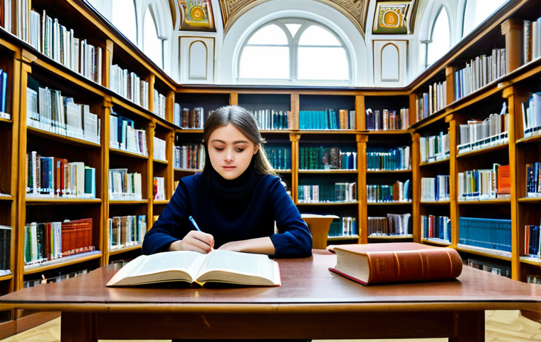**

"A student, fully clothed in modest attire, studying at a library in Chisinau, Moldova. Books and academic materials are scattered around the table. The library has a classic European architecture with high ceilings and arched windows. Safe for work, appropriate content, perfect anatomy, natural proportions, professional photography, high quality."

**