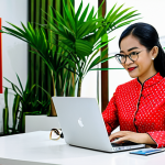 A Modern Malaysian Professional**

A successful Malaysian businesswoman in a *baju kurung*, a traditional Malay dress, working on a laptop in a bright, modern co-working space in Kuala Lumpur. The background features lush indoor plants and contemporary Malaysian art. Fully clothed, appropriate attire, safe for work, perfect anatomy, natural proportions, professional photography, high quality. Modest and professional.

**