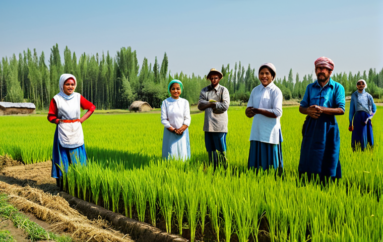 Collective Farm Life**

A group of fully clothed farmers, both men and women, working in a vast paddy field under a bright sun, appropriate attire, modest clothing, showing the "kolkhoz" in action, safe for work, perfect anatomy, correct proportions, natural poses, professional photography, high quality. In the background, traditional Moldovan houses. family-friendly.

**