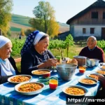 몰도바 vs 루마니아 문화 차이 - A warm, sunny autumn day in a traditional Moldovan village. Families are gathered outdoors, celebrat...